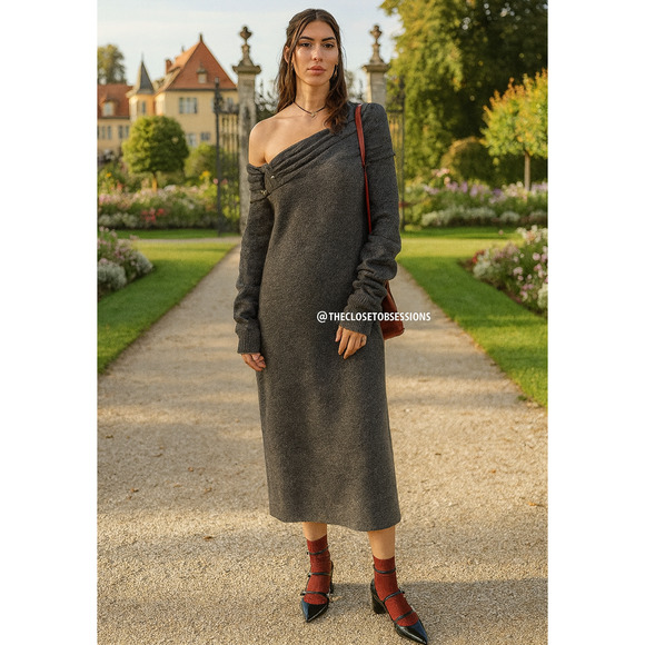 ZARA Off-the-Shoulder Knit Midi Dress NWT Gray Size S and M - Picture 4 of 16